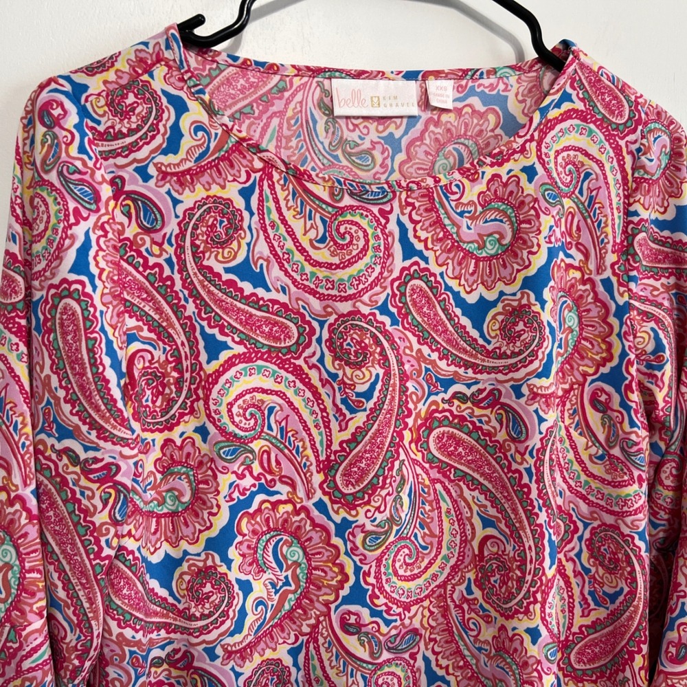 Belle by Kim Gravel Pink Paisley Tiered Bell Sleeve Blouse XXS Pink Blue Multi - Picture 2 of 7
